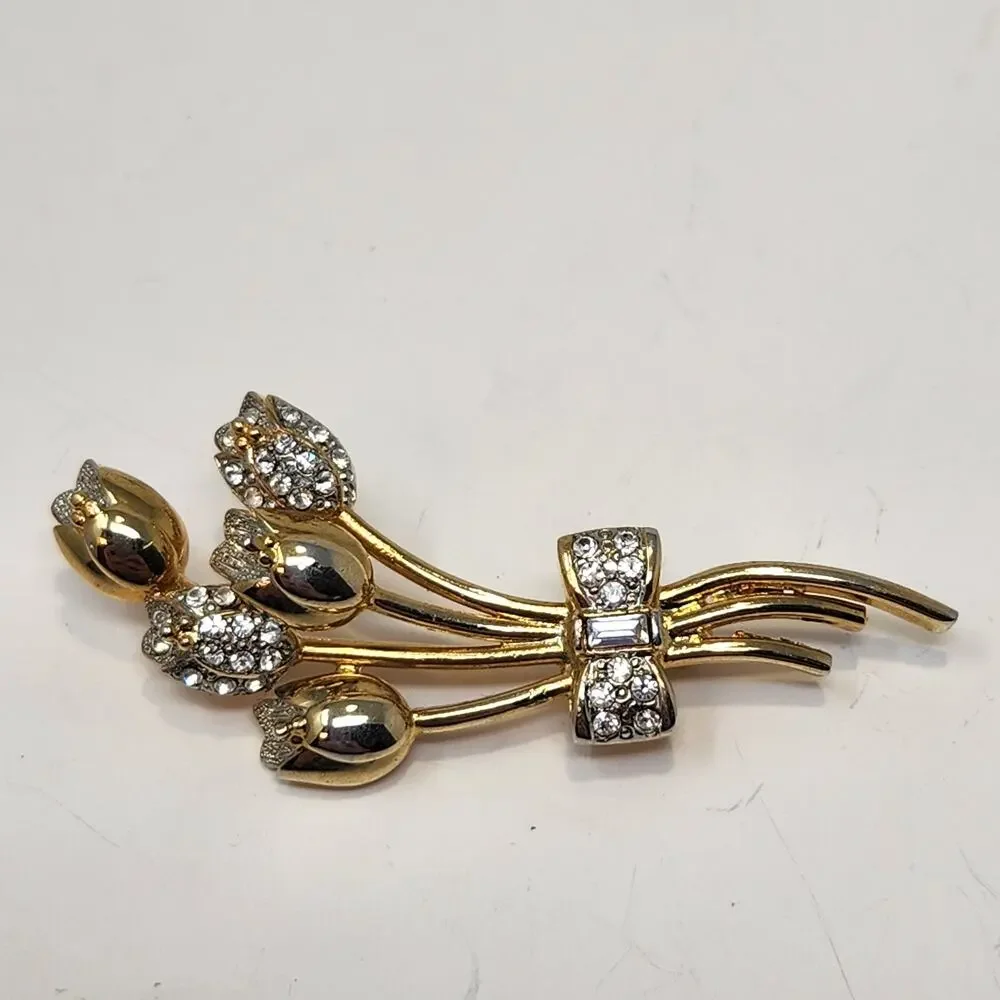 Tulip Bouquet Gold Tone Clear Rhinestone Brooch Flowers Floral Costume Jewelry
